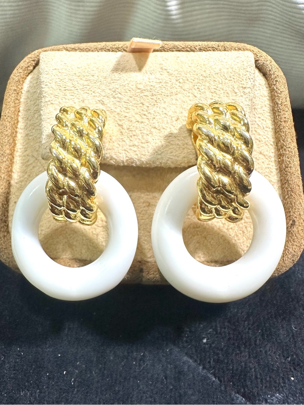Vtg: Kenneth Lane Gold Toned Twisted Rope, Lucite Door Knocker Earrings